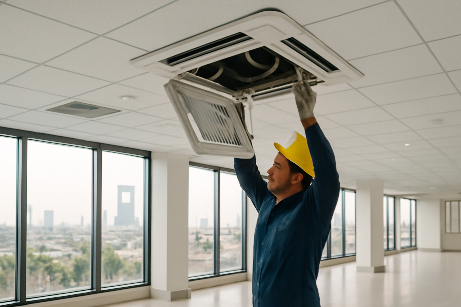 Illustrative wide view of a facilities worker checking a ceiling-mounted air-conditioning unit in a Riyadh commercial space; no logos or written text.