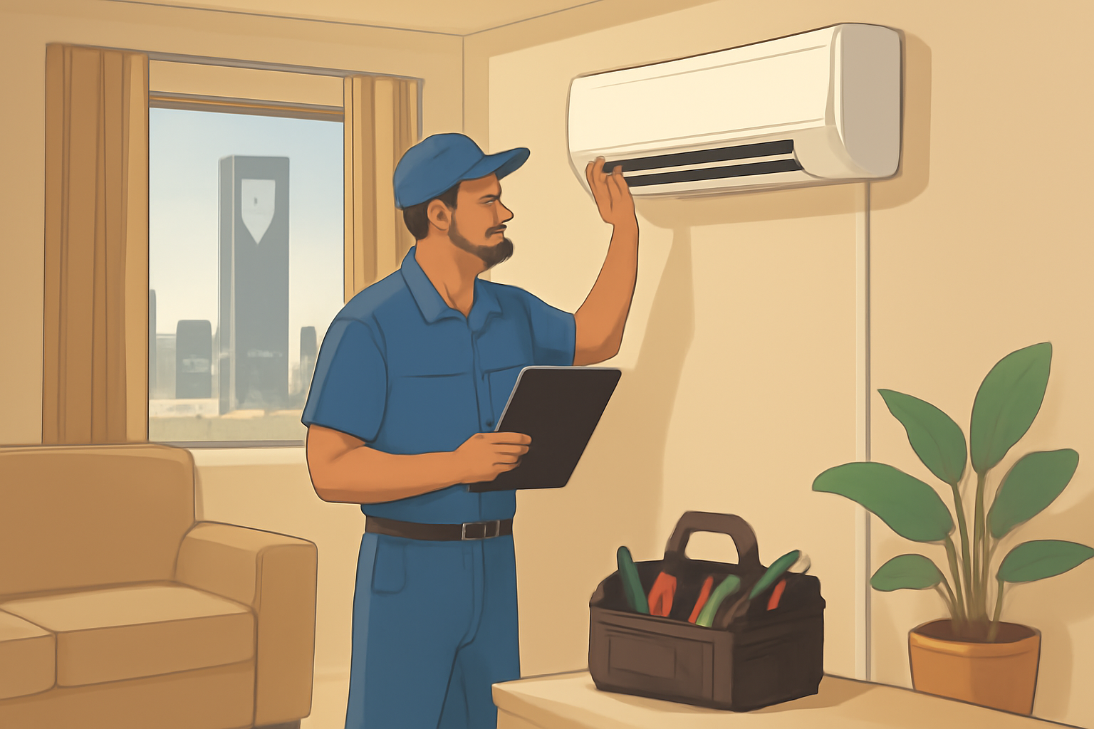 Illustrative scene of an air-conditioning technician inspecting a wall-mounted split system in a Riyadh home, with a tool bag nearby; no logos or written text.