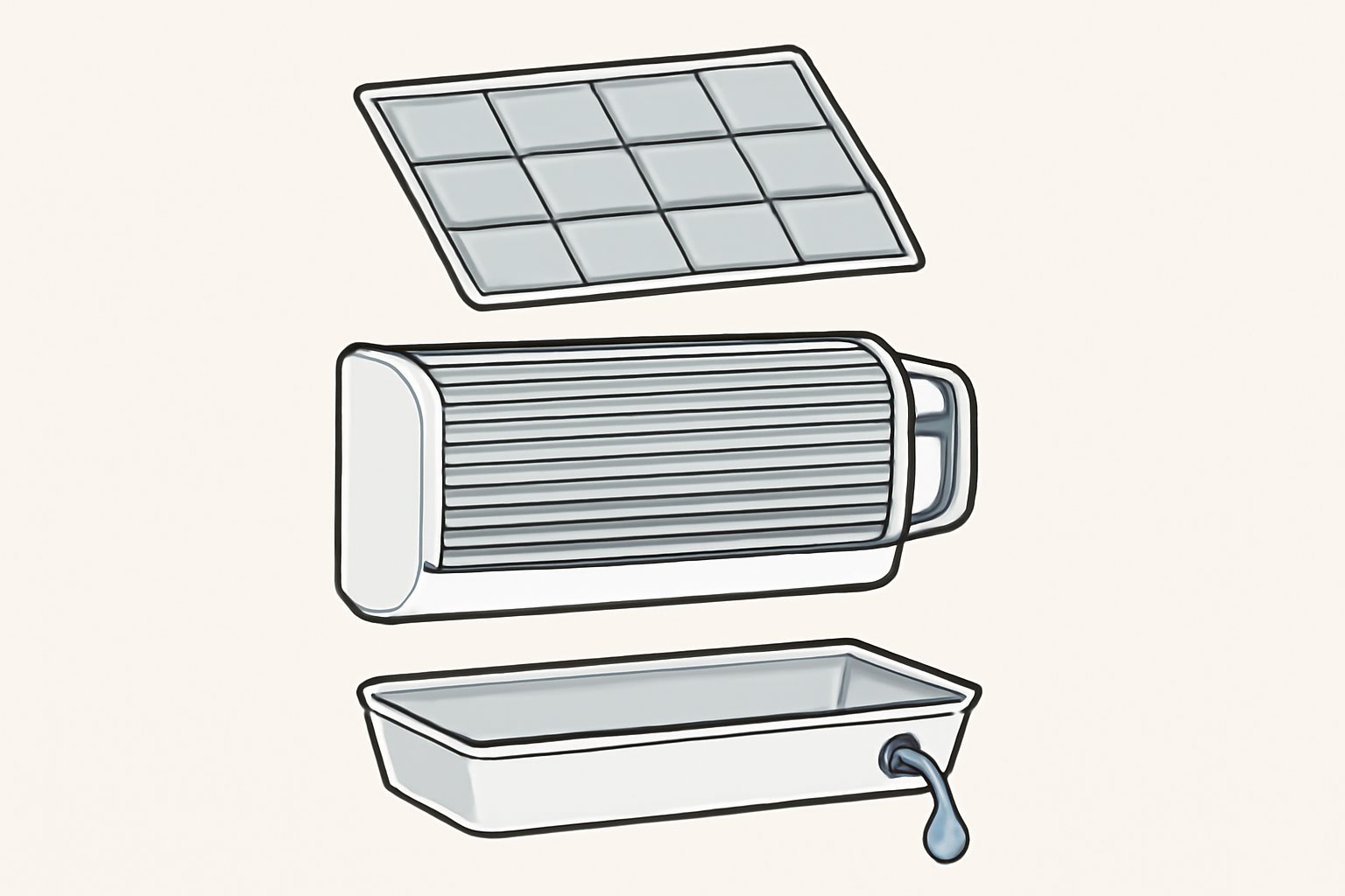Clear instructional illustration showing an air-conditioner filter, coil and drain as separate parts during routine cleaning; no labels or written text.